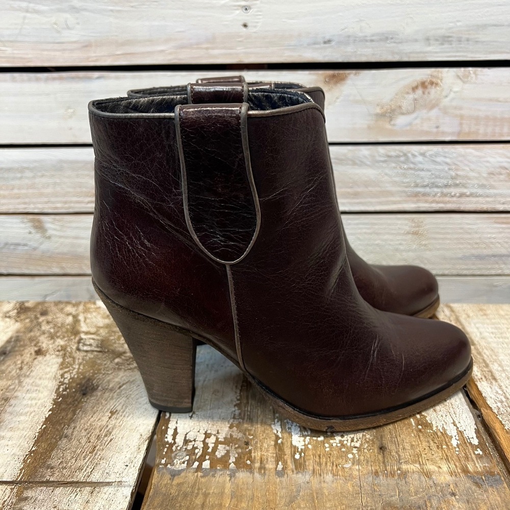 Barbara Bui Dark Brown Leather Ankle Boots Western‎ Stacked Heel Italy 37 6.5